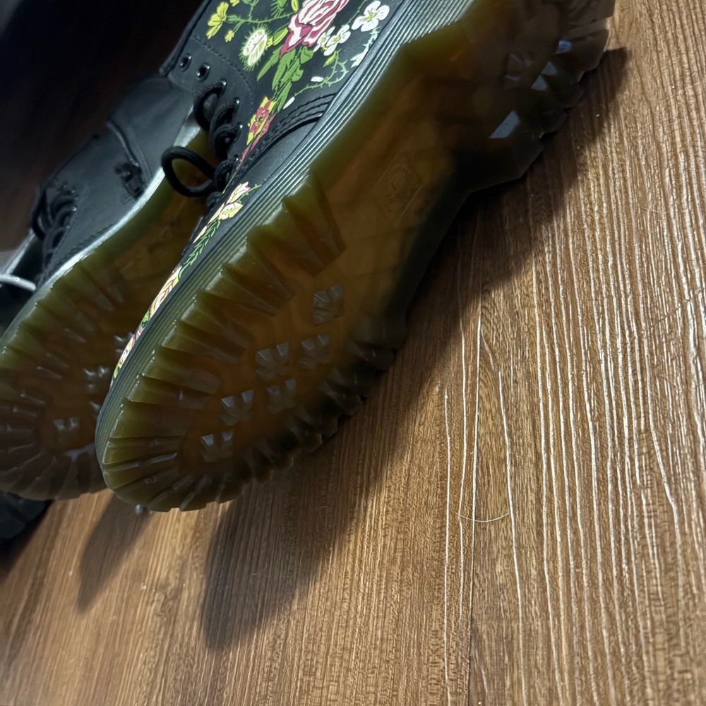 Dr. Martens Black Floral Lace-Up Kids Boots with Green and Pink Accents - Picture 2 of 3